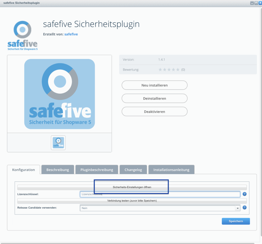 safefive Sicherheitsplugin - Sicherheitseinstellungen öffnen 